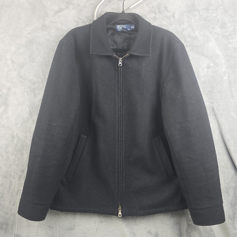 Vtg Polo Ralph Lauren Jacket Mens Medium Black Wool Blend Full Zip Buckle Sides